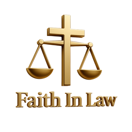 Faith In Law logo featuring 3D gold Scales of Justice and cross on a transparent background.
